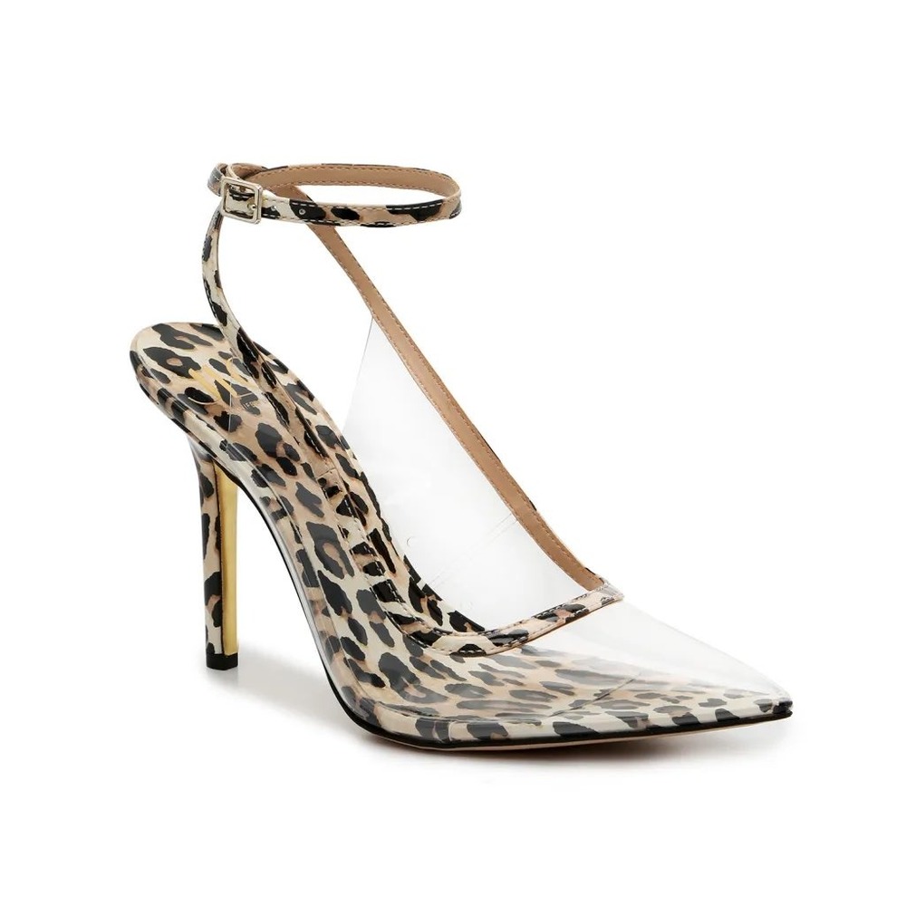 JLO Jennifer Lopez Parlata Leopard Print Clear PVC Ankle Strap Pumps 9.5